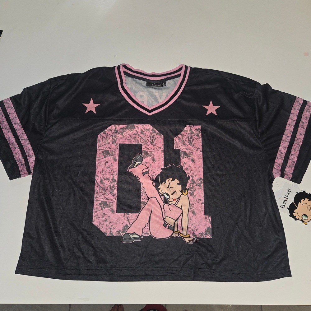 Betty Boop Football Jersey Fleischer Studios Black Pink Mesh Crop Top XL NWT